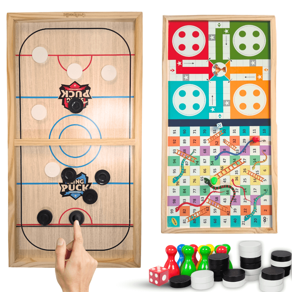 Two board games, one resembling a hockey rink and the other a colorful maze, with game pieces and dice on a white background.