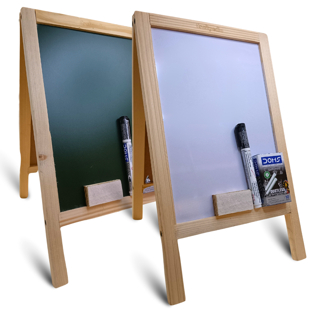 A wooden easel board with one side as a chalkboard and the other side as a whiteboard, accompanied by markers and chalk.