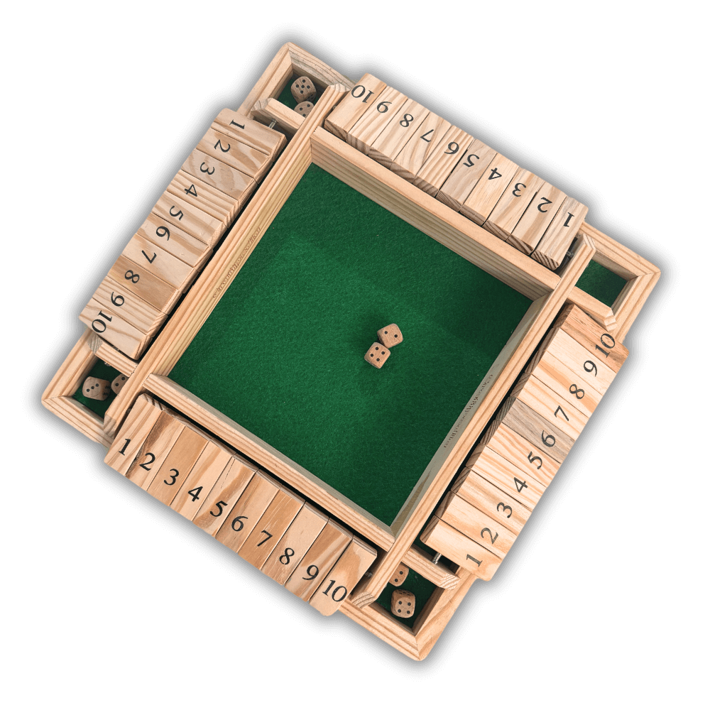 Wooden dice game set with green playing surface and numbered sides on a white background