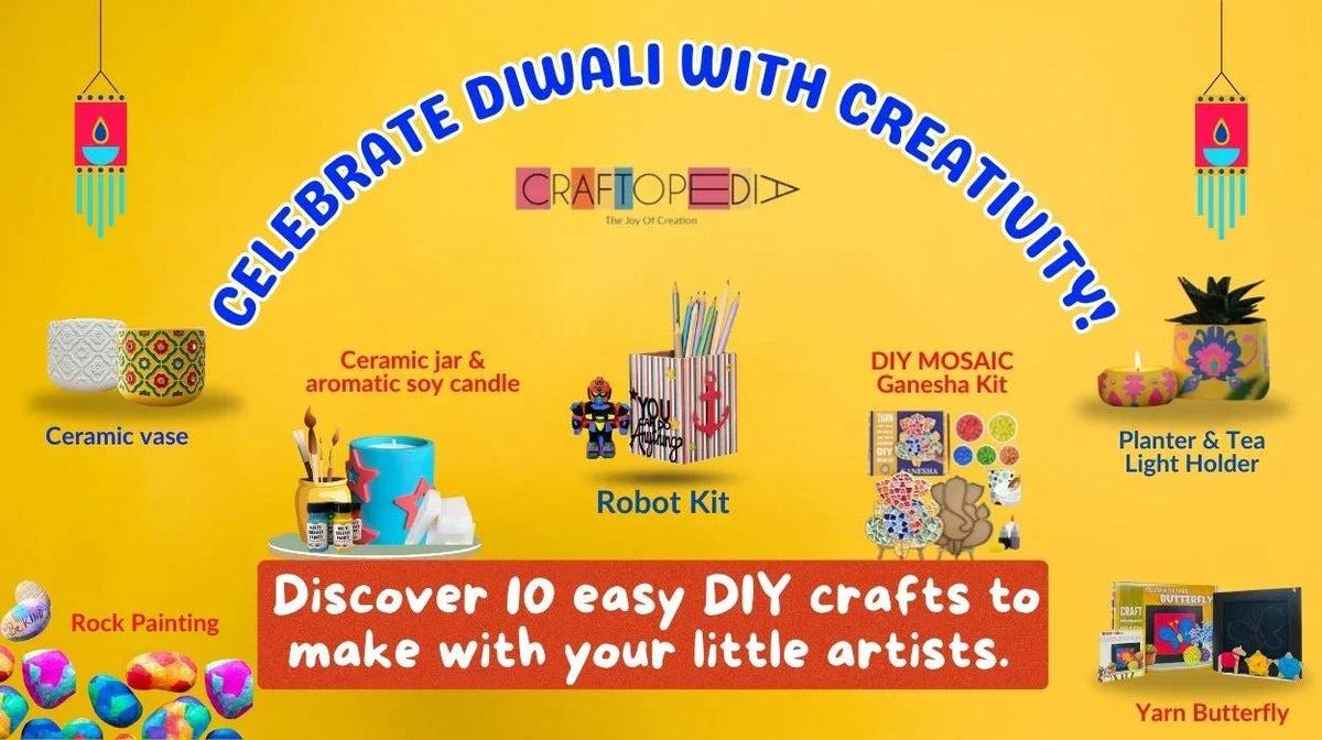 Diwali DIY craft kits including ceramic vase, soy candle, robot kit, mosaic Ganesha, rock painting, planter, tea light holder, and yarn butterfly