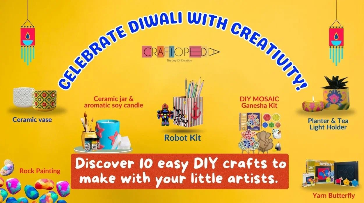 Diwali DIY craft kits including ceramic vase, soy candle, robot kit, mosaic Ganesha, rock painting, planter, tea light holder, and yarn butterfly