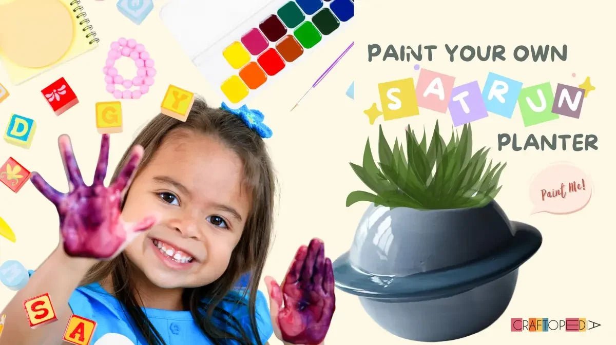 Smiling girl with purple painted hands and craft supplies, paint palette and Saturn-shaped planter DIY