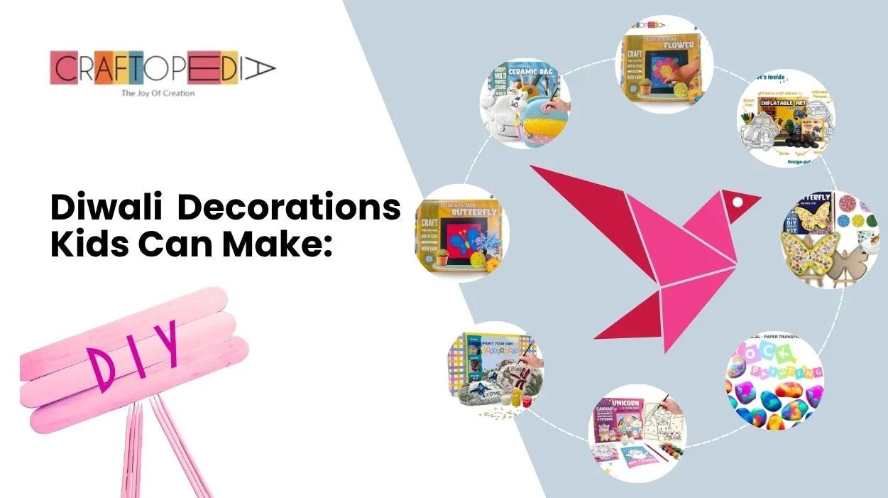 Diwali kids DIY craft kits with colorful origami bird and assorted creative decoration ideas