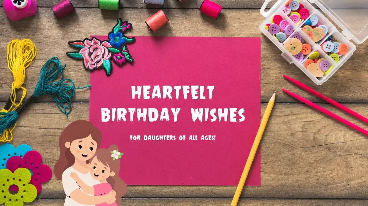 Crafting supplies around a pink card reading heartfelt birthday wishes for daughters of all ages