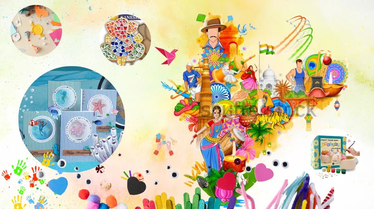 Colorful collage of Indian culture icons including dance, monuments, flag, tiger, and traditional art