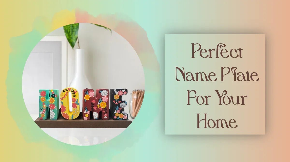 Colorful floral name plate spelling HOME on shelf with white vase and decor, perfect home decor