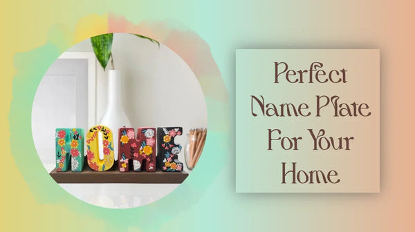 Colorful floral name plate spelling HOME on shelf with white vase and decor, perfect home decor
