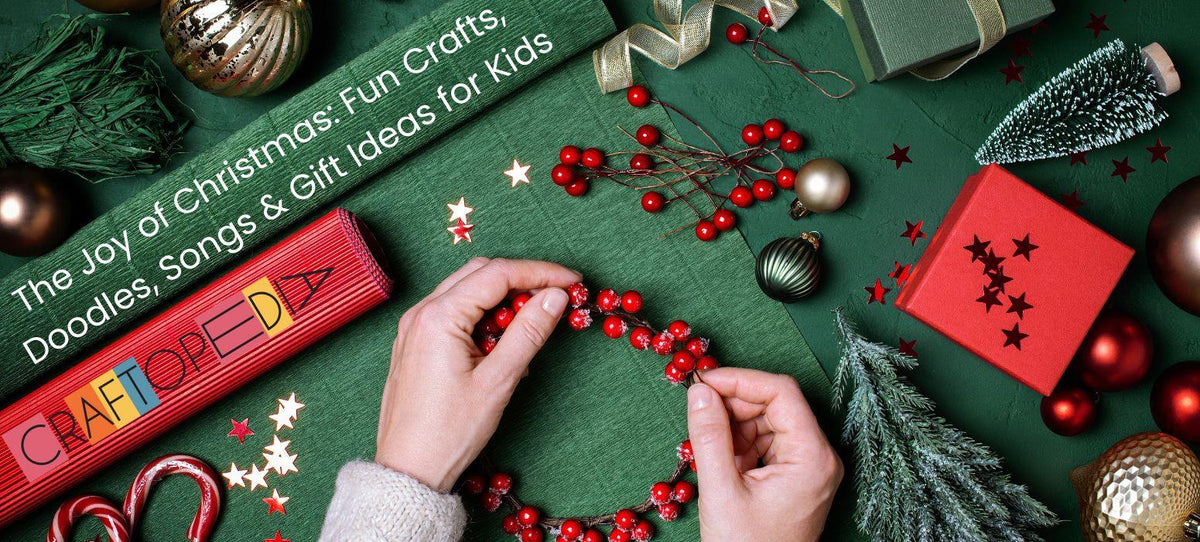 Hands crafting a Christmas wreath with red berries on green background surrounded by ornaments, candy canes, and gifts