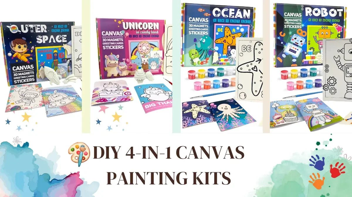 DIY 4-in-1 canvas painting kits featuring Outer Space, Unicorn, Ocean, and Robot themes with 3D magnets, greeting cards, stickers, paints, and brushes