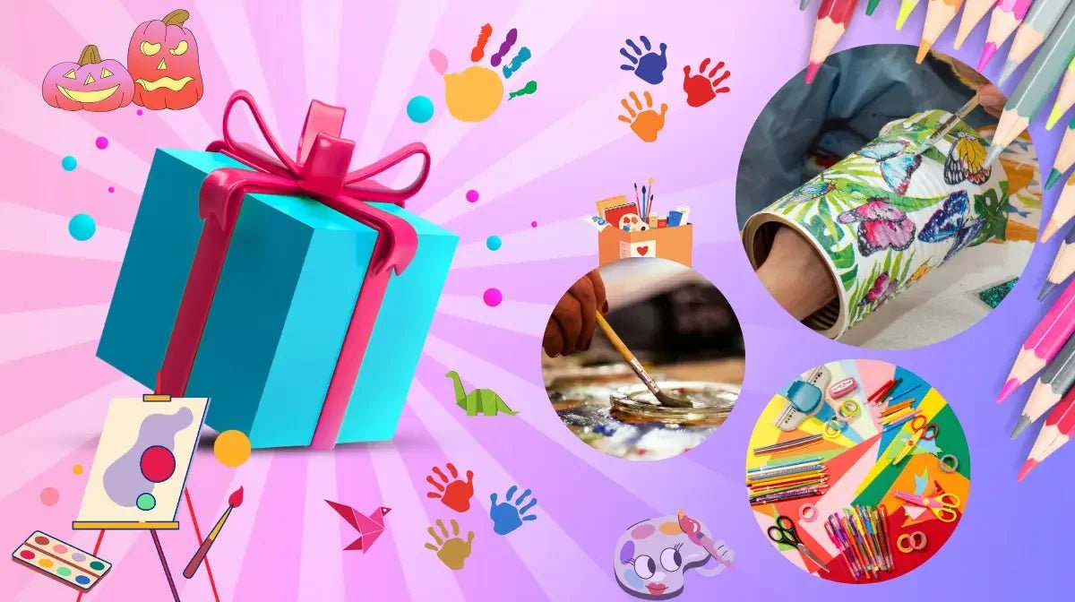 Creative DIY art and craft supplies with colored pencils, paintbrush, decorated can holder, and colorful paper accessories