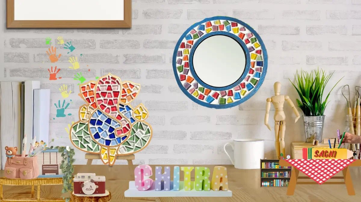 Creative workspace with colorful mosaic Ganesh art, mosaic frame mirror, plants, and craft supplies
