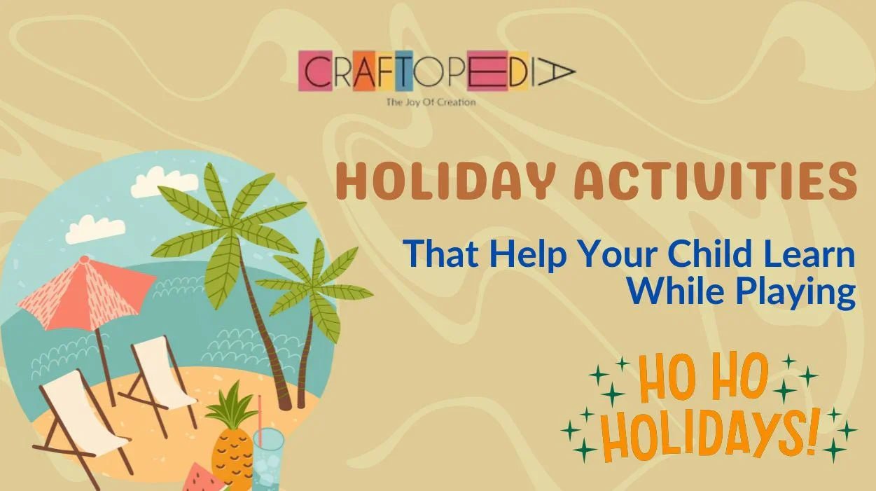 Craftopedia banner with tropical beach illustration promoting holiday activities that help children learn while playing