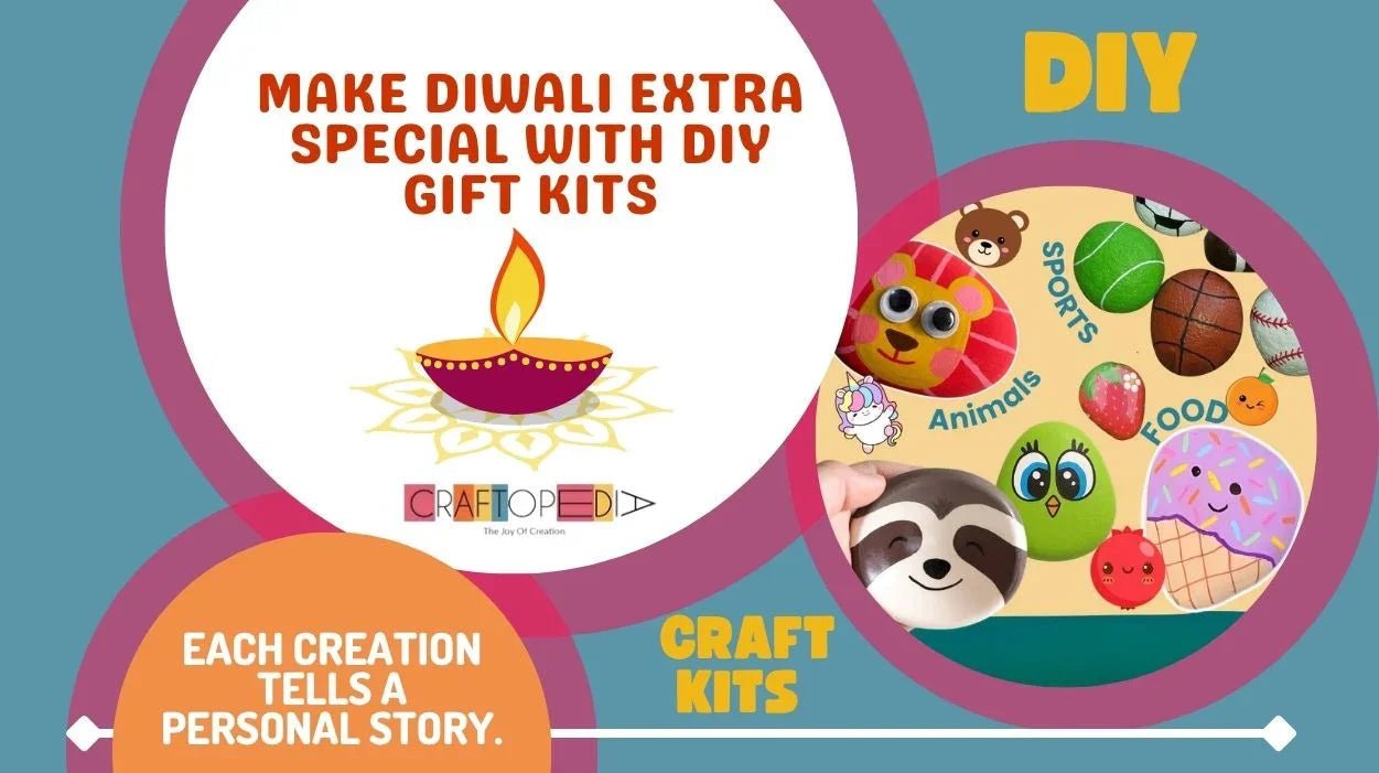 Diwali DIY gift kits with colorful hand-painted stones dressed as animals, sports, and food themes