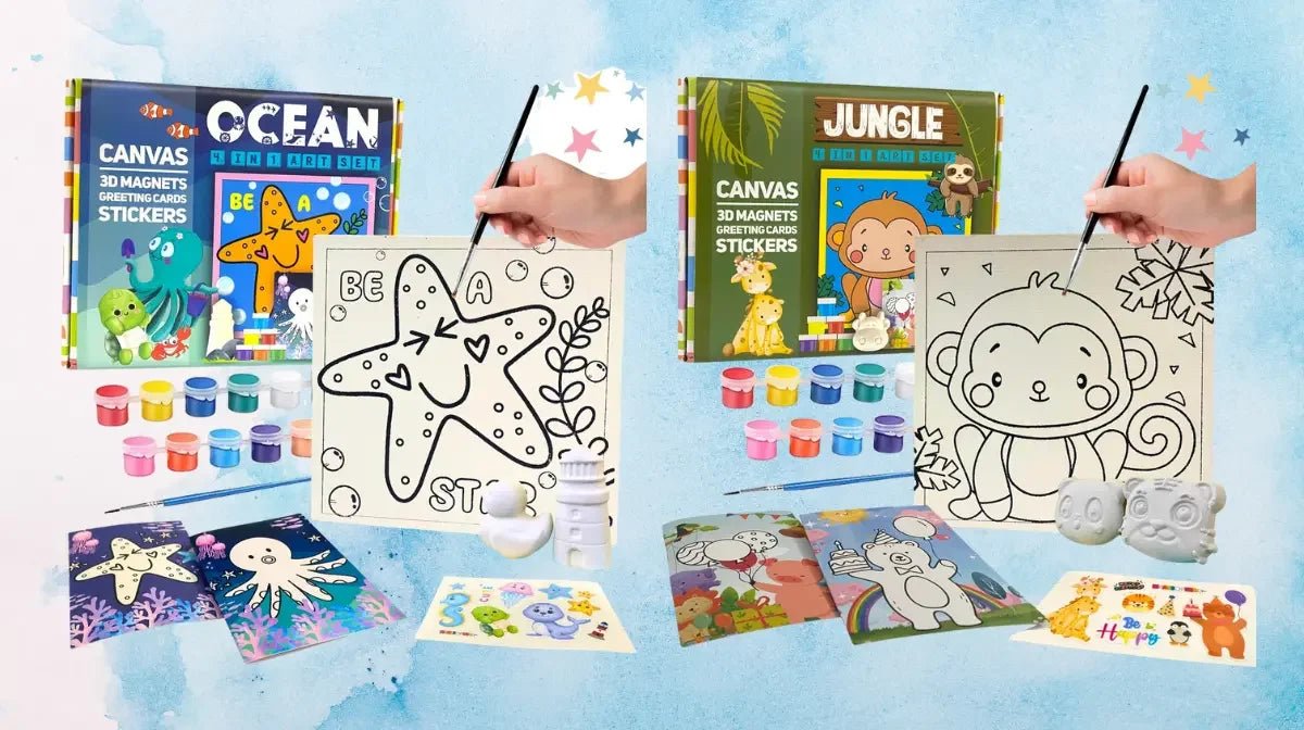 Ocean and Jungle canvas paint kits with brushes, paints, stickers, and kids painting starfish and monkey designs