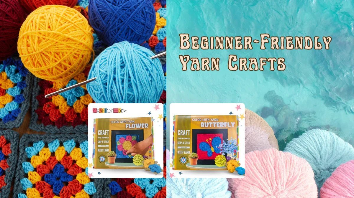 Beginner-friendly yarn crafts featuring colorful yarn balls, crocheted blanket, and craft kits for flower and butterfly designs