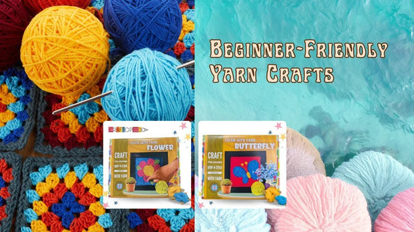 Beginner-friendly yarn crafts featuring colorful yarn balls, crocheted blanket, and craft kits for flower and butterfly designs