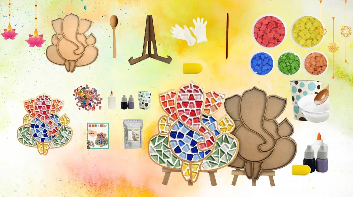DIY eco-friendly Ganesh Chaturthi mosaic craft kit with colored tiles, cardboard Ganesha cutouts, glue, paint, and tools