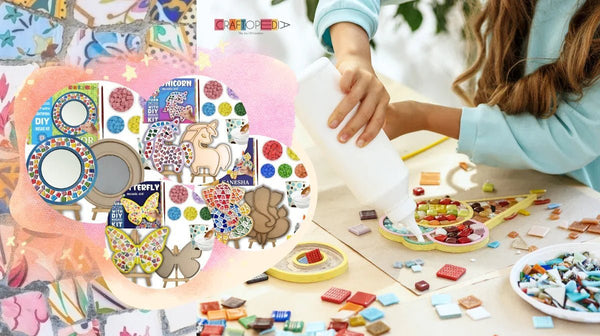 Child creating colorful DIY mosaic art using tiles and glue with butterfly, unicorn, and Ganesha kits