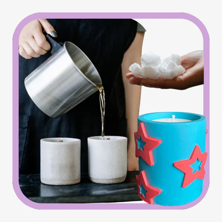 Hand pouring liquid wax into gray candle containers, another hand holding cotton for candle making