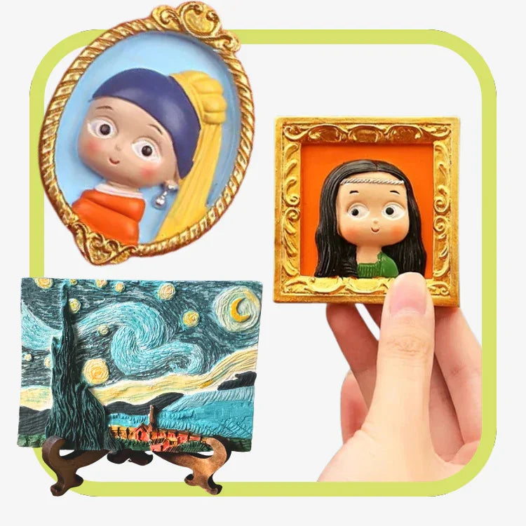 3D fridge magnets: Girl with blue hat, girl with black hair in gold frame, and Van Gogh Starry Night painting