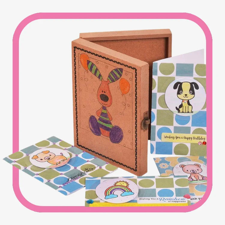 Handmade birthday cards and a decorated kraft paper box with colorful cartoon animal designs