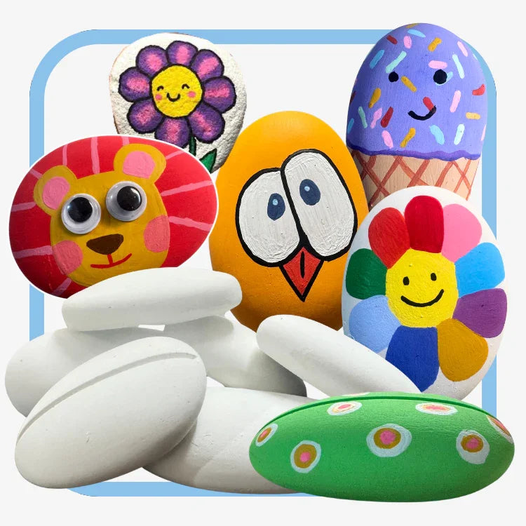 Colorful painted rocks featuring cute flower faces, a lion with googly eyes, a bird, and an ice cream design