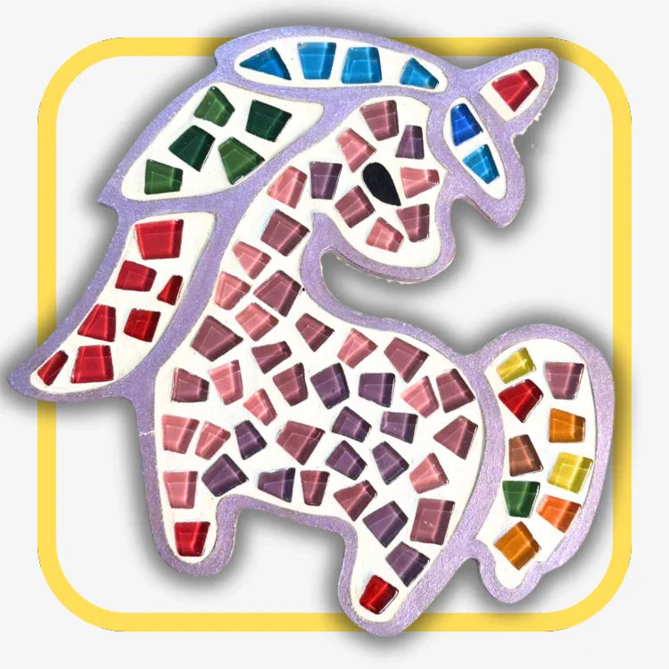 Colorful mosaic unicorn with shiny tile pieces in purple, red, blue, green, and yellow on gray background