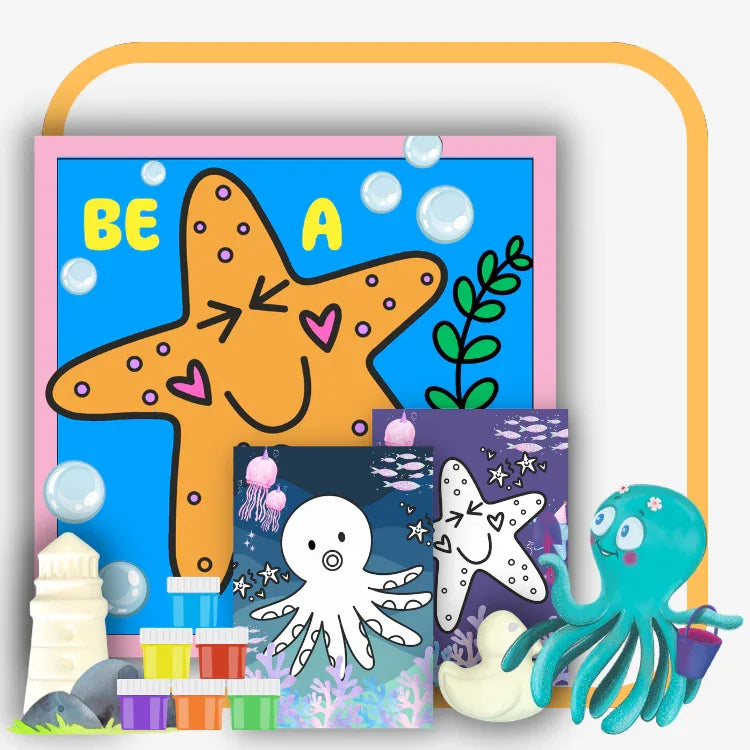 Colorful ocean-themed kids painting set with starfish, octopus, paint pots, and lighthouse toy