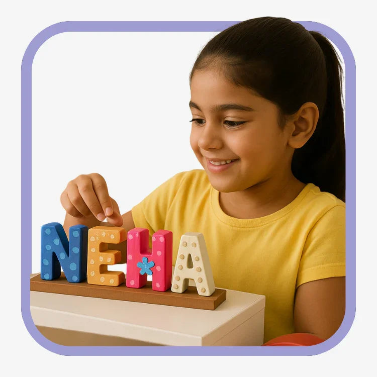Girl in yellow shirt playing with colorful wooden letter blocks spelling NEHA on table