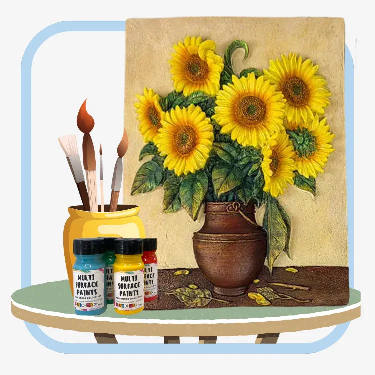 Sunflower painting in brown vase on canvas with paintbrushes and colorful multi-surface paints on table