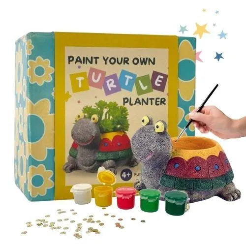 Paint your own turtle planter kit with colorful paints, brush, and turtle-shaped pot with plants