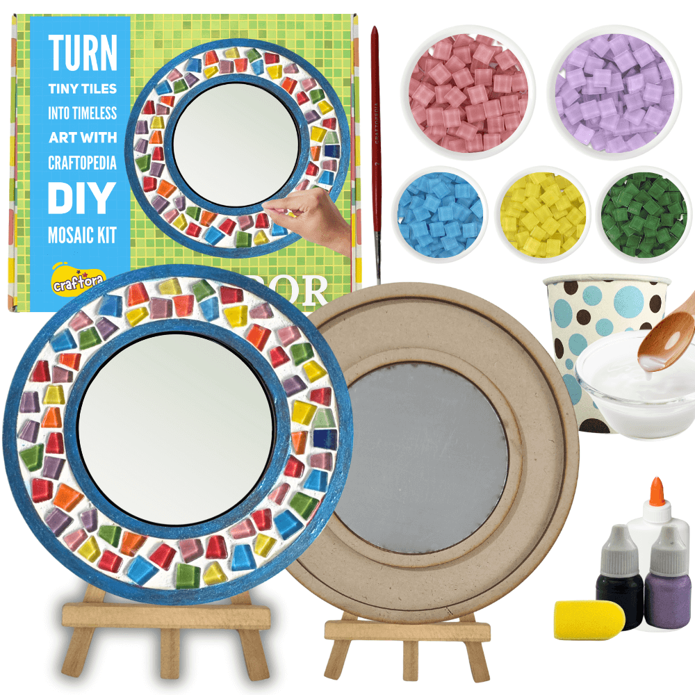 Craftopia DIY mosaic kit with tiles, glue, and a completed mosaic mirror on a white background