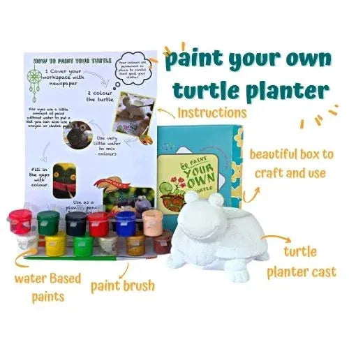 Paint your own turtle planter kit with water-based paints, paintbrush, instructions, and white turtle planter cast