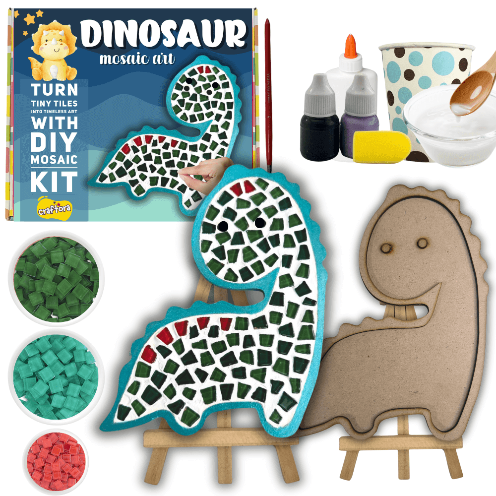 Dinosaur mosaic art kit with mosaic tiles, glue, and paint supplies on a white background