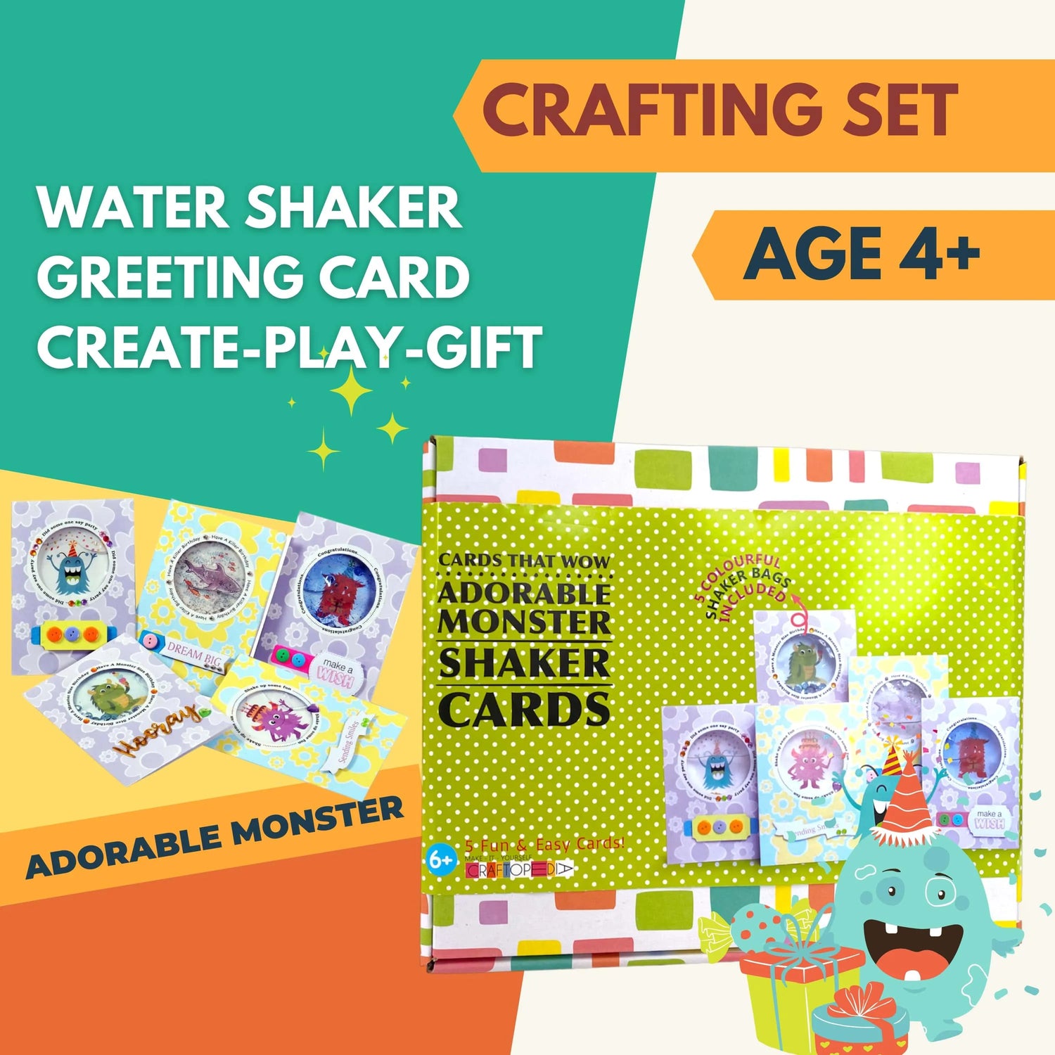 Adorable monster shaker cards crafting set for kids age 4+, create and play greeting cards