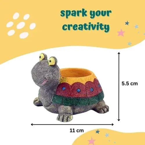 Colorful turtle-shaped planter with yellow, red, and green shell, measuring 11x5.5 cm, creativity theme