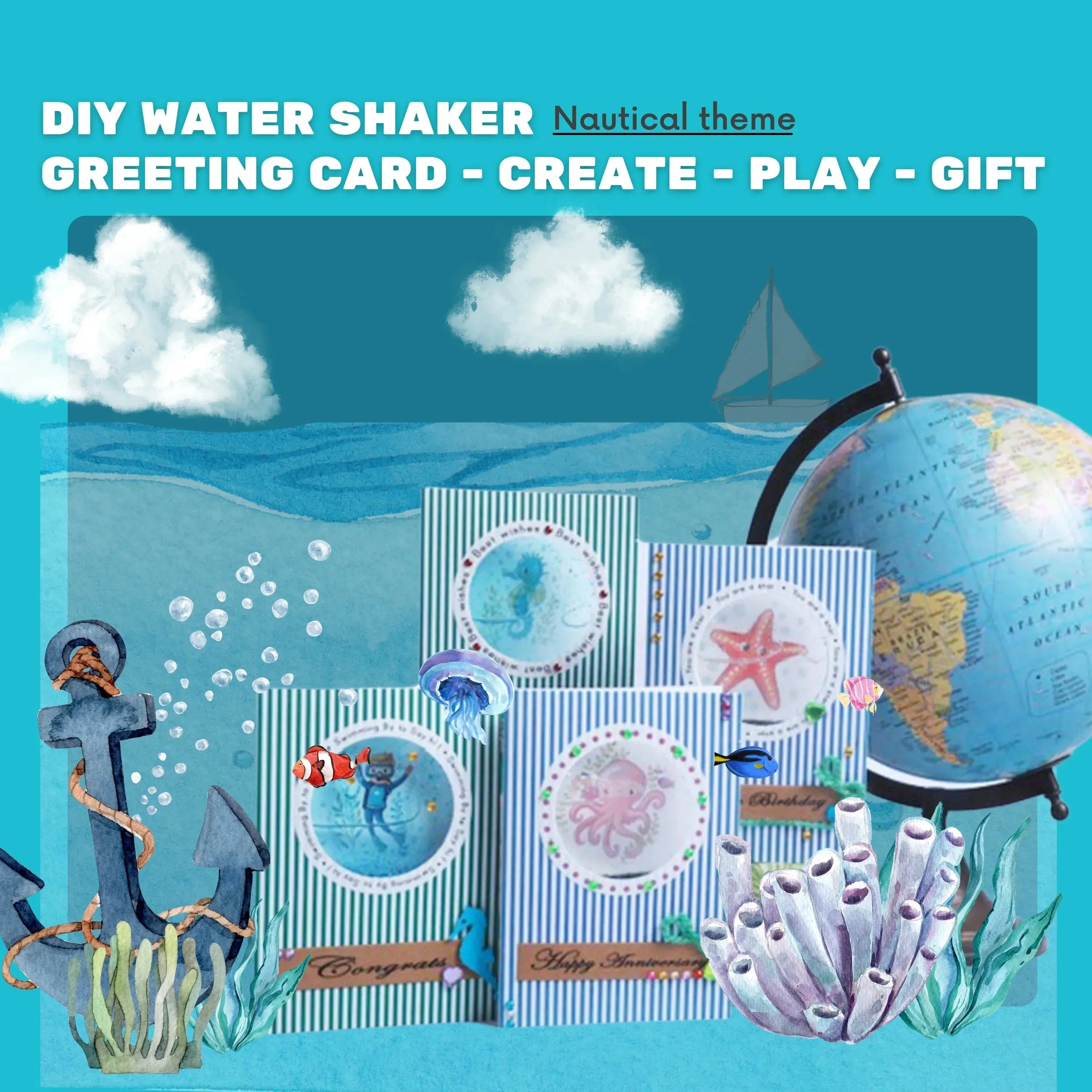 DIY nautical-themed water shaker greeting cards with ocean animals and globe on blue underwater background