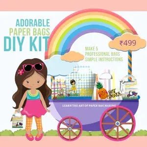 Colorful DIY kit for making adorable paper bags featuring a rainbow, cartoon girl, and paper bag samples