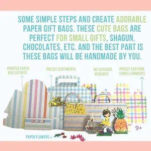 Colorful printable paper gift bags with cartoon embellishments, perfect for handmade small gifts