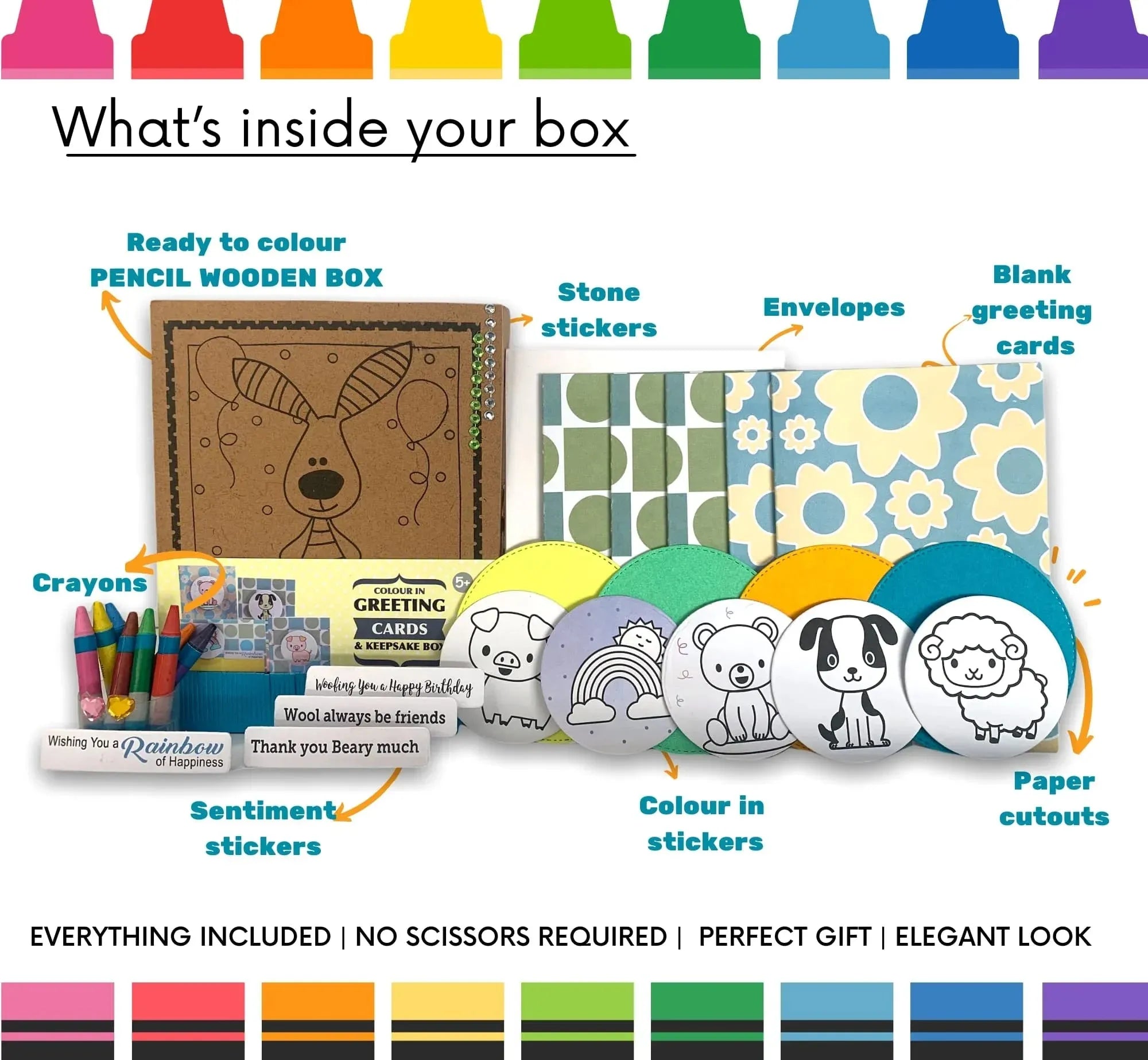 Craft box contents with ready-to-colour wooden pencil box, crayons, sentiment and stone stickers, envelopes, greeting cards, color-in stickers, and paper cutouts