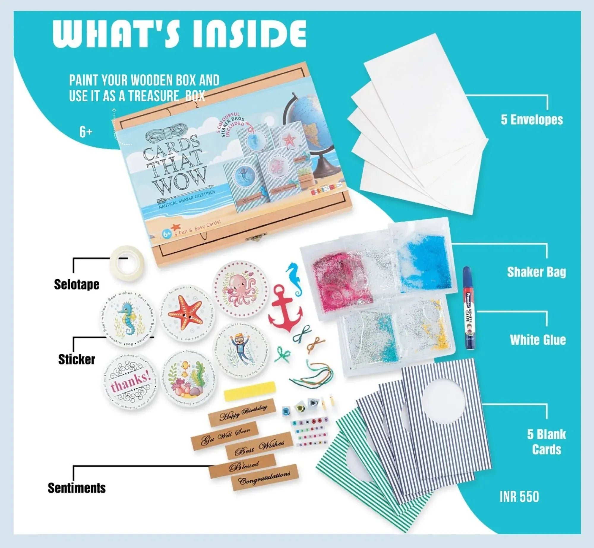 Nautical cards craft kit including wooden box, envelopes, shaker bags, stickers, sentiments, glue, and blank cards