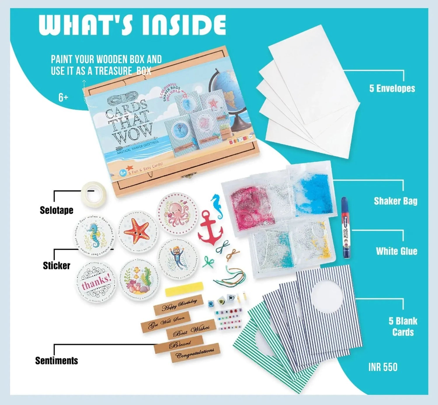 Nautical cards craft kit including wooden box, envelopes, shaker bags, stickers, sentiments, glue, and blank cards