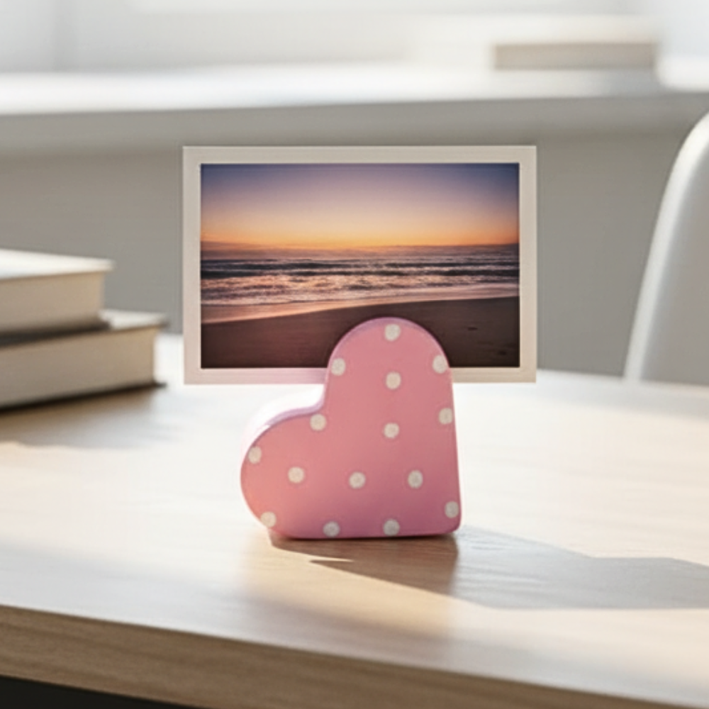 Handcrafted Ceramic Heart Photo Holder with Polka Dots