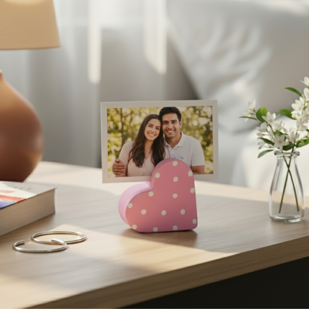 Handcrafted Ceramic Heart Photo Holder with Polka Dots