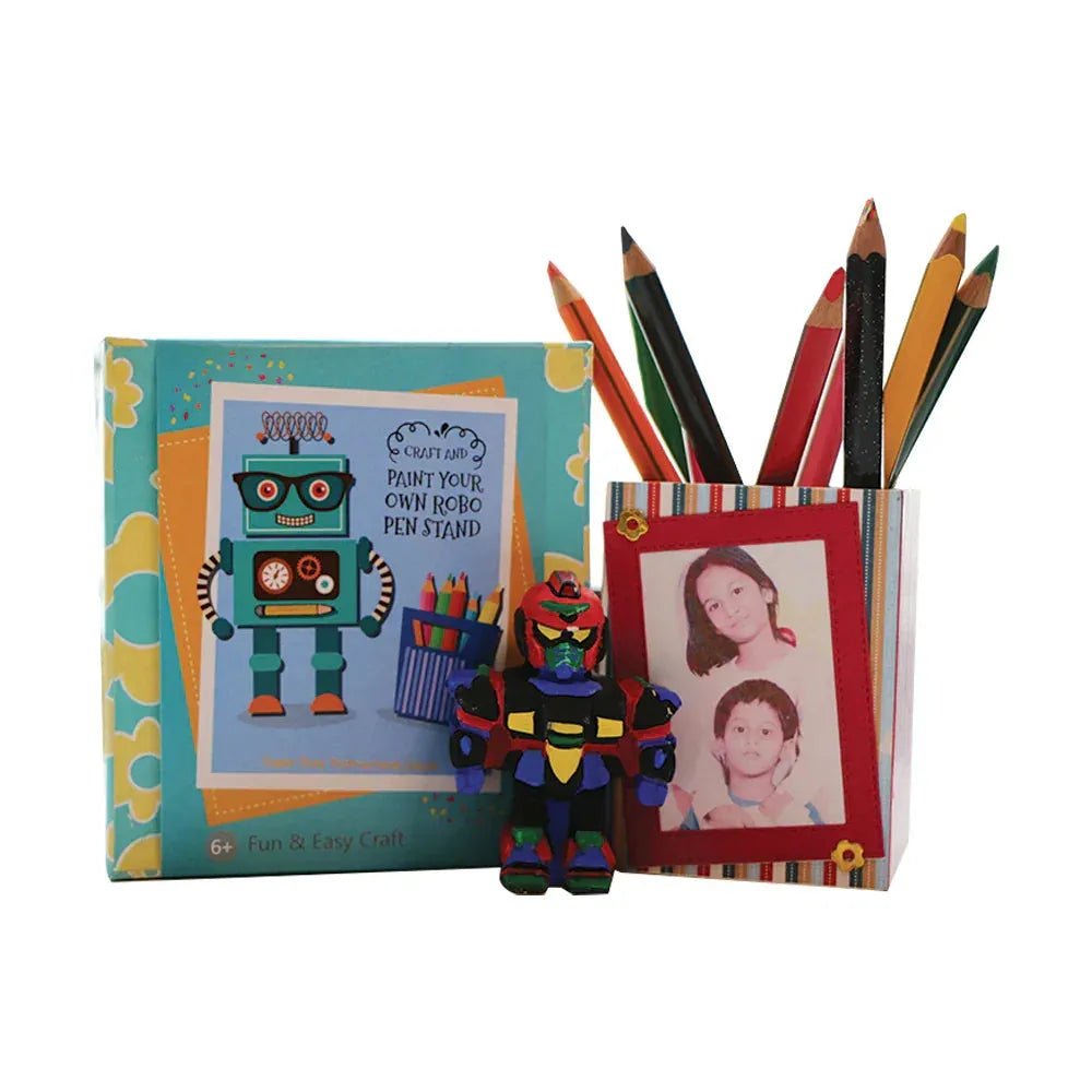 Kids craft kit for painting robot pen stand with colorful pencils and robot figure