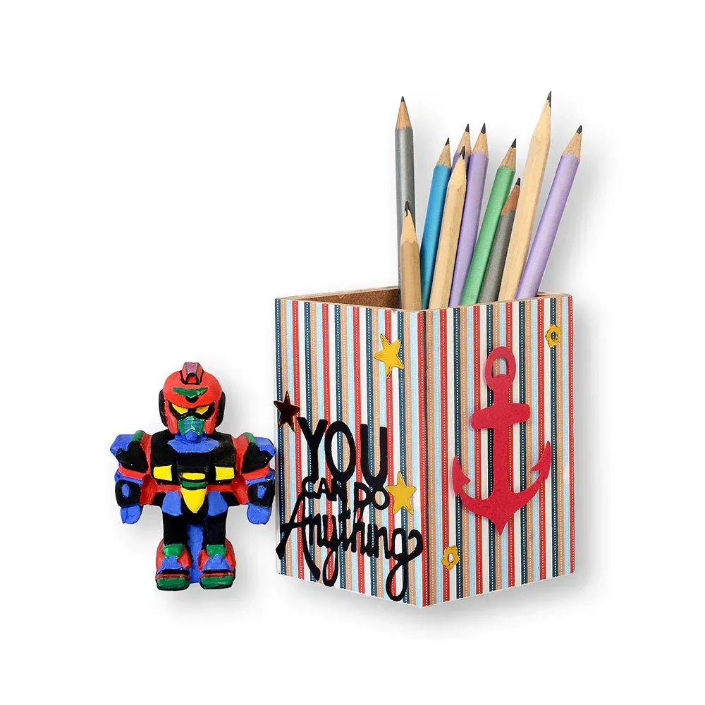 Colorful robot figurine and striped pencil holder with pencils and motivational text